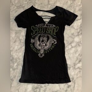 Affliction Women's Y2K Black Speed Shop Graphic Tee butterfly open back
